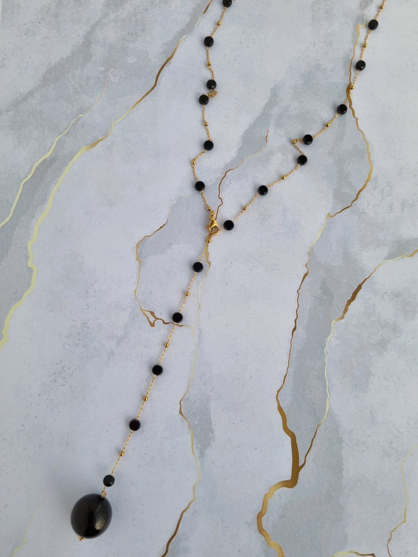 Steel rosary necklace with black crystals