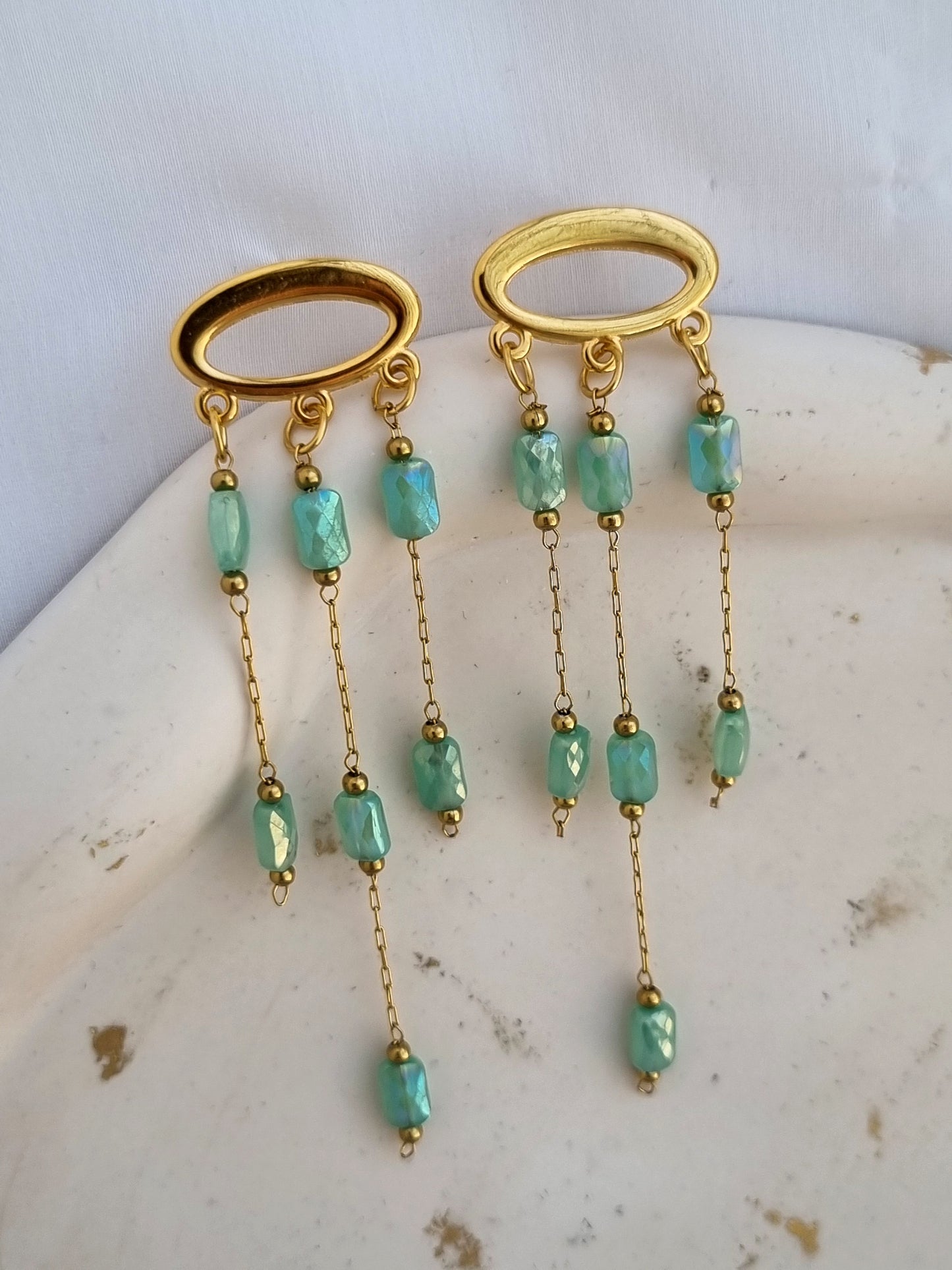 Earrings with multiple chains and crystals
