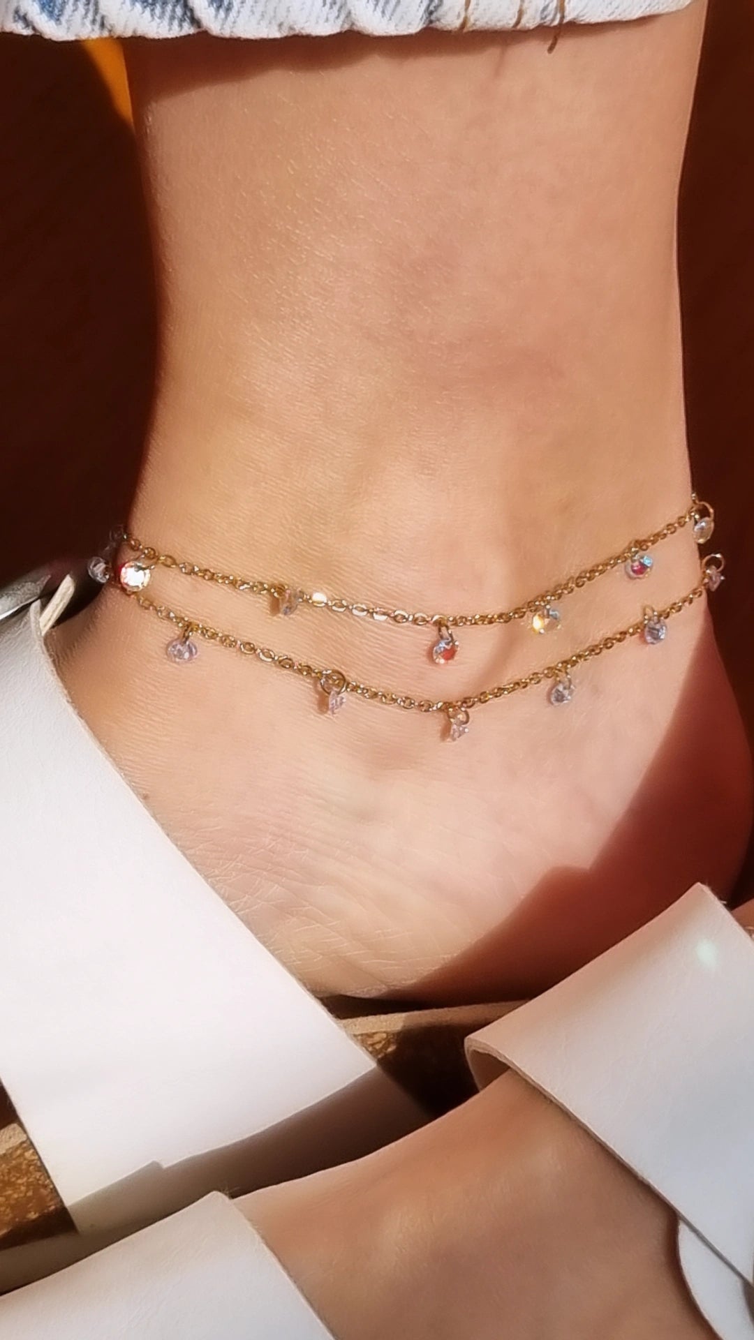 Double chain anklet with crystals