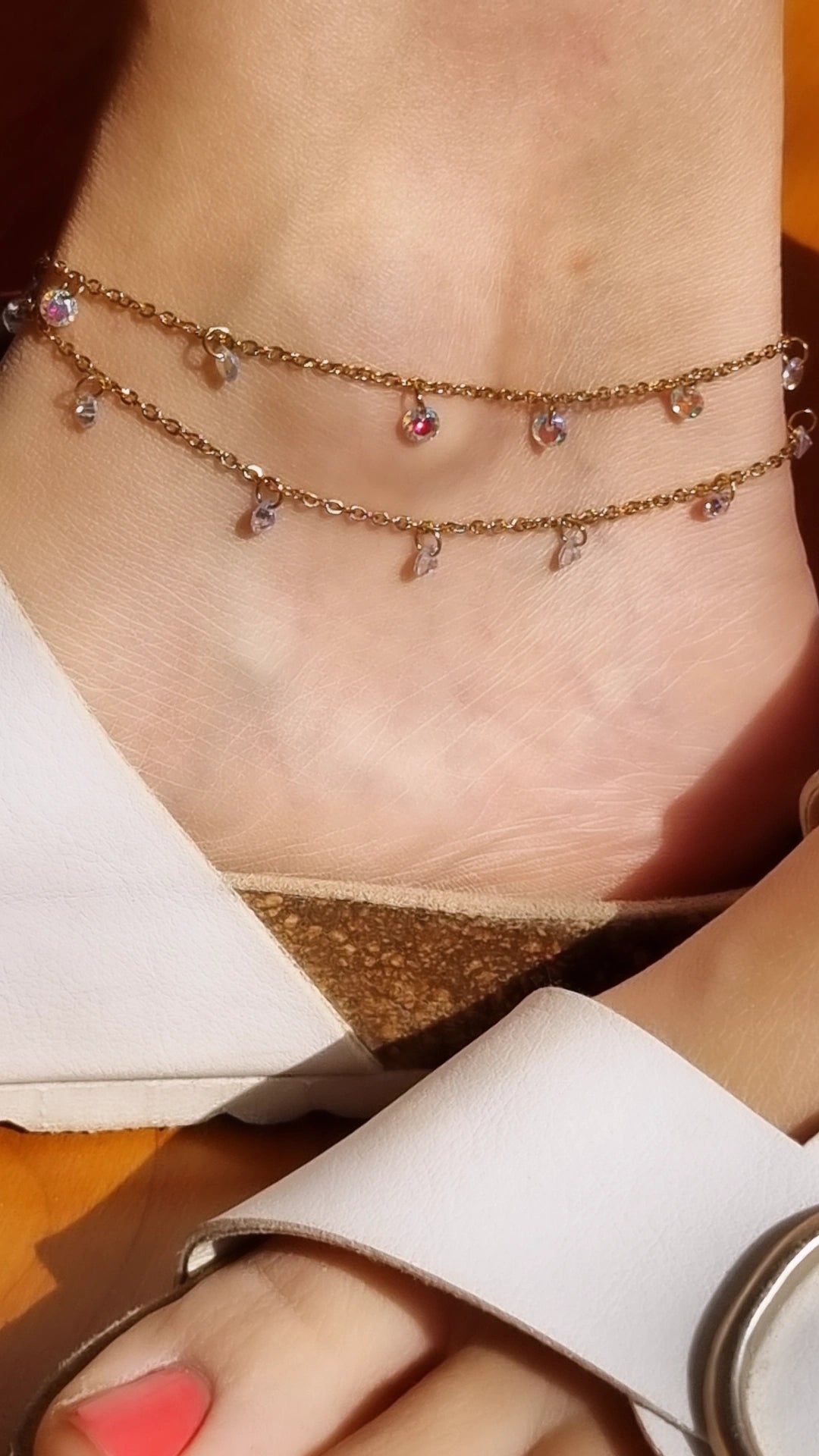 Double chain anklet with crystals